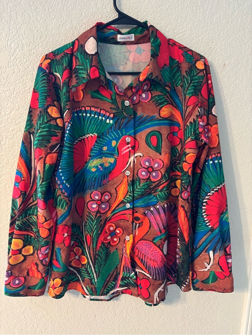 Vibrant Tropical Bird Button-Up Shirt the brand is Jammy Job